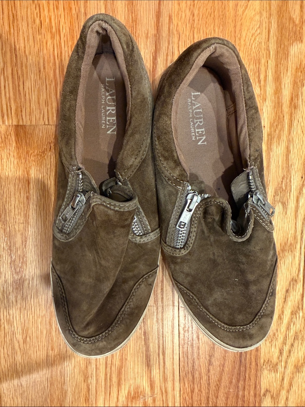 Lauren Ralph Lauren Olive Suede Zip-Front Slip-Ons - Picture 1 of 4